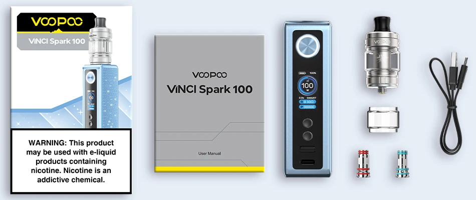 Kit Vinci Spark 100 VOOPOO contenu de la box 😍 SUPER PRIX 😍 [ ⚡ LIVRAISON RAPIDE ⚡ Ecran couleur avec animation et LEDS / Ato 4.5ml / Puissance de 5 à 100 W. - www.eliquide-jungle.fr