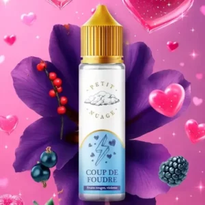 Vape juice bottle with a gold cap, label reading 'Coup de Foudre' against a pink backdrop with a purple flower and floating hearts and berries in the foreground.