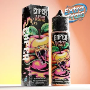 Vape juice bottle and matching box with vibrant peach-and-snake artwork, labeled ENFER La Pêche d'Enfer; flavor peach and nectarine, extra frais logo visible.