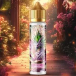 Vape juice bottle with a gold cap and dragon artwork labeled ‘Sweet Dragon’ on a sunlit garden path backdrop.