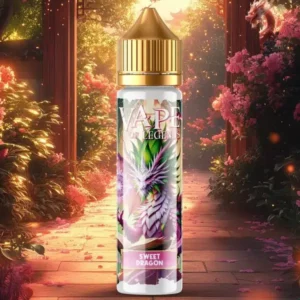 Vape juice bottle with a gold cap and dragon artwork labeled ‘Sweet Dragon’ on a sunlit garden path backdrop.